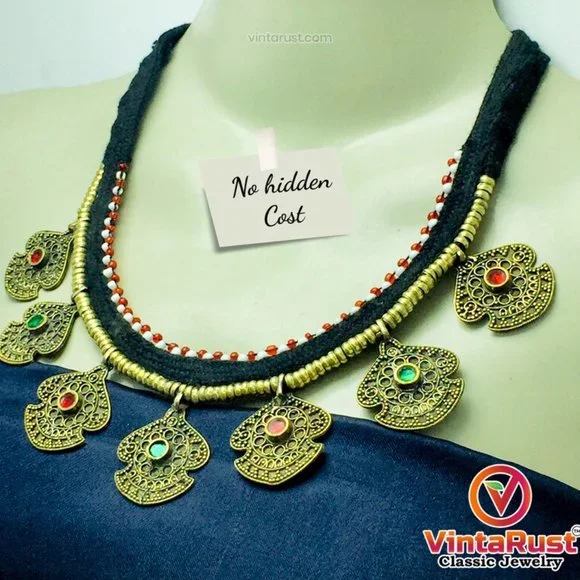 Ethnic Afghan Choker Necklace, Vintage Necklace With Multicolor Glass Stones - Picture 6 of 6